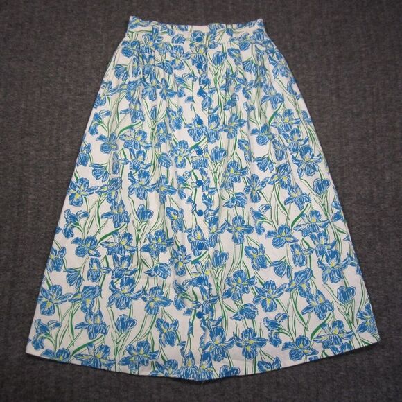 Vtg Lilly Pulitzer A-Line Midi Skirt S Blue Green Floral Snap Front Stretch Iris - Picture 1 of 9